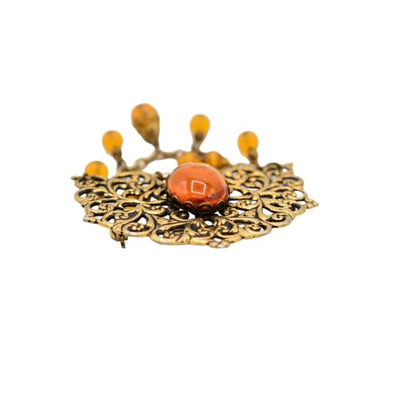 Cabochon Amber Brooch Pin Antiqued Gold Jelly Beaded Chain Dangle Vintage Bin5A - Picture 8 of 12